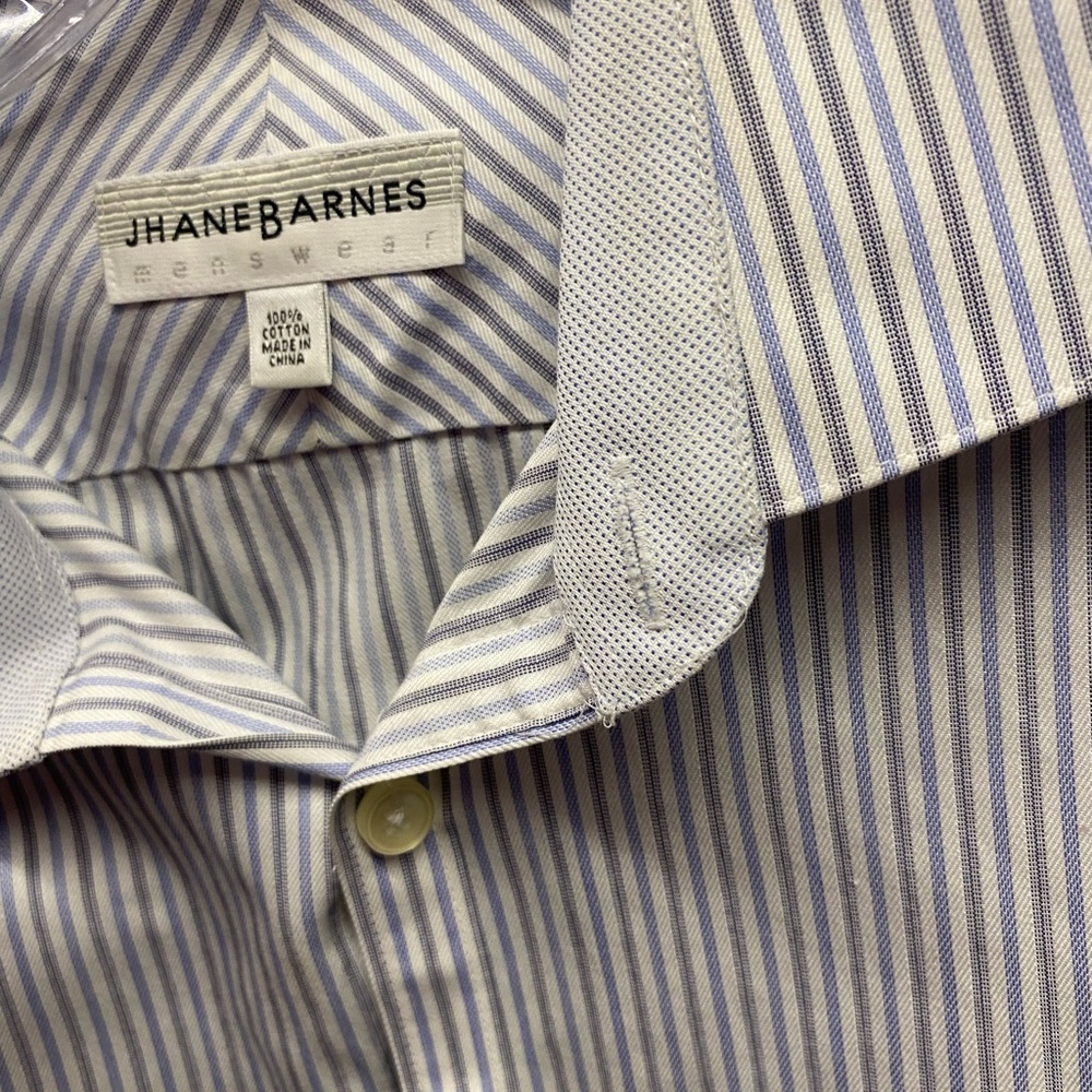 Jhane Barnes Men's Dress Shirt - Blue and Cream Size XL (18 34/35) Long Sleeve